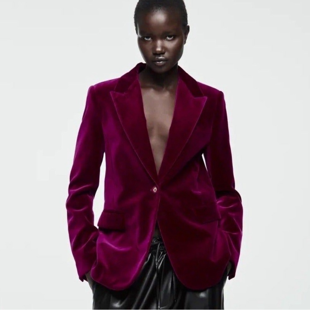 ZARA WOMAN Sz S Slightly Oversized Velvet Velour Peak Lapel Lined Blazer Jacket
